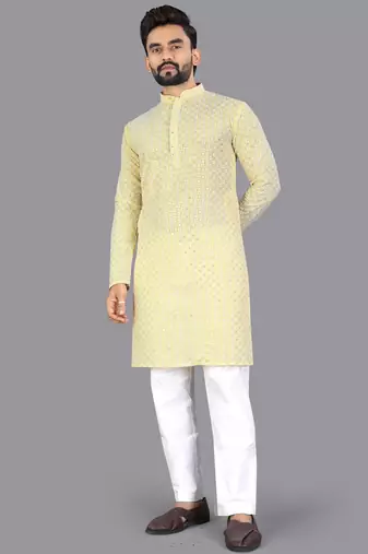 Yellow rayon chikankari lucknowi schifli work kurta pajama