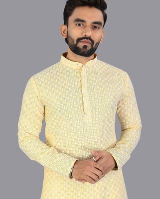 Yellow rayon chikankari lucknowi schifli work kurta pajama 2