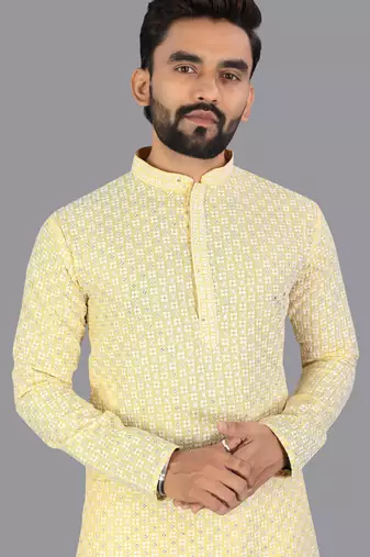 Yellow rayon chikankari lucknowi schifli work kurta pajama