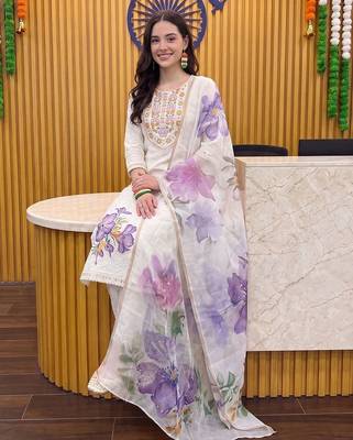 women ethnic motifs embroidered regular thread work cotton kurta with trousers & with dupatta 1