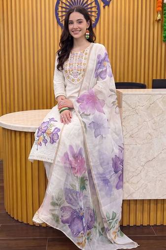 women ethnic motifs embroidered regular thread work cotton kurta with trousers & with dupatta