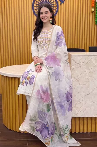 women ethnic motifs embroidered regular thread work cotton kurta with trousers & with dupatta