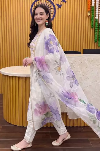 women ethnic motifs embroidered regular thread work cotton kurta with trousers & with dupatta