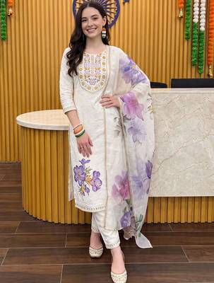 women ethnic motifs embroidered regular thread work cotton kurta with trousers & with dupatta 5