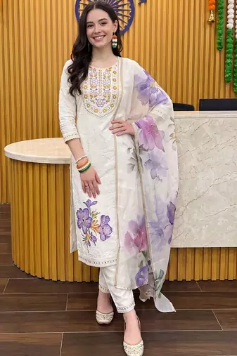 women ethnic motifs embroidered regular thread work cotton kurta with trousers & with dupatta
