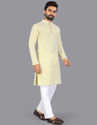 Yellow rayon chikankari lucknowi schifli work kurta pajama 3