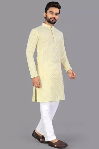 Yellow rayon chikankari lucknowi schifli work kurta pajama