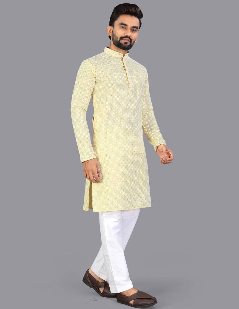 Yellow rayon chikankari lucknowi schifli work kurta pajama