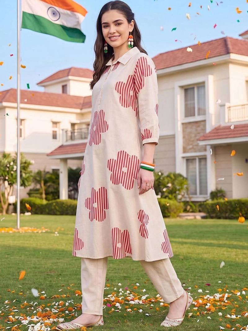 women floral printed regular cotton kurta with trousers