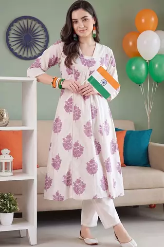 women floral printed empire cotton kurta with trousers