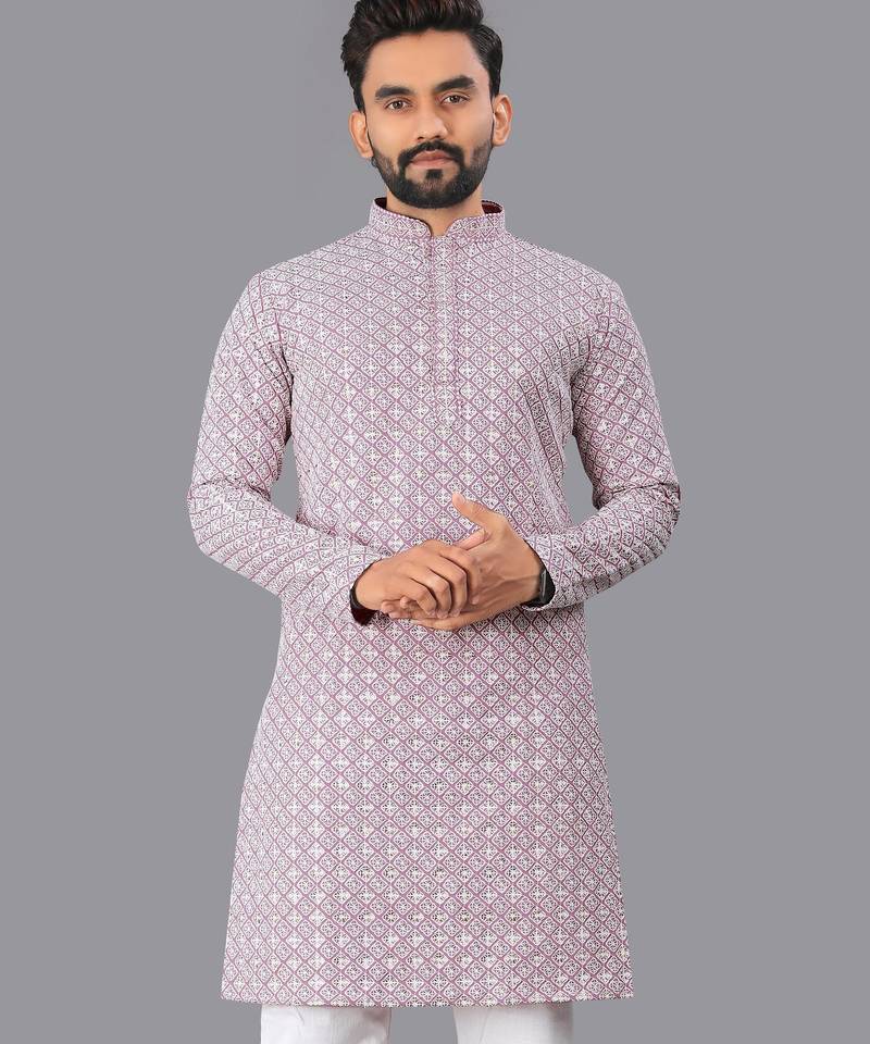 Lavender rayon chikankari lucknowi schifli work kurta pajama