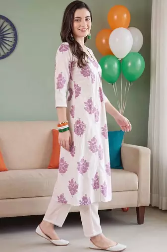 women floral printed empire cotton kurta with trousers