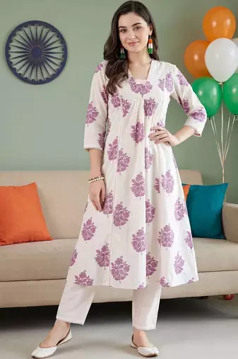 women floral printed empire cotton kurta with trousers