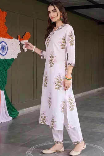 women floral printed regular cotton kurta with trousers