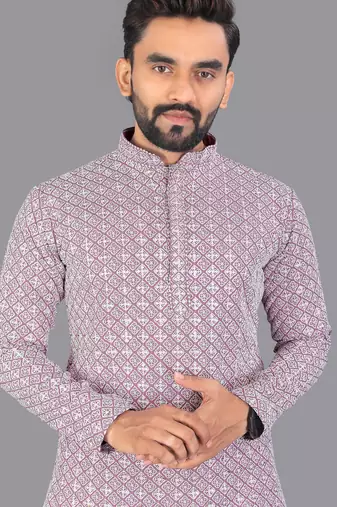 Lavender rayon chikankari lucknowi schifli work kurta pajama
