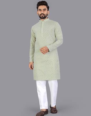 Light green rayon chikankari lucknowi schifli work kurta pajama 1