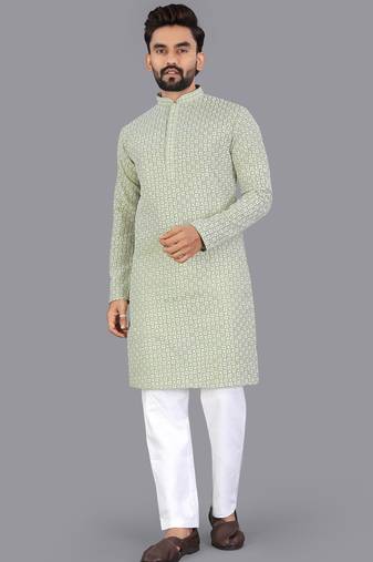 Light green rayon chikankari lucknowi schifli work kurta pajama