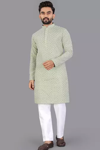 Light green rayon chikankari lucknowi schifli work kurta pajama