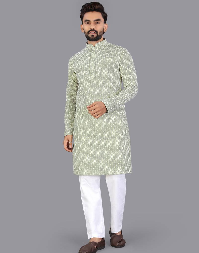 Light green rayon chikankari lucknowi schifli work kurta pajama