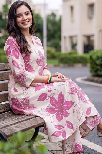 women floral printed regular cotton kurta with palazzos