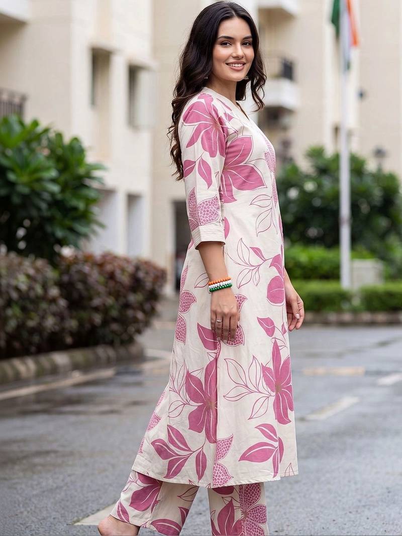 women floral printed regular cotton kurta with palazzos