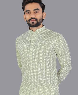 Light green rayon chikankari lucknowi schifli work kurta pajama 2