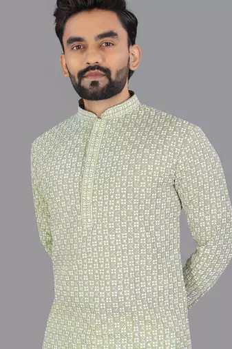 Light green rayon chikankari lucknowi schifli work kurta pajama