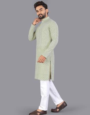 Light green rayon chikankari lucknowi schifli work kurta pajama 3