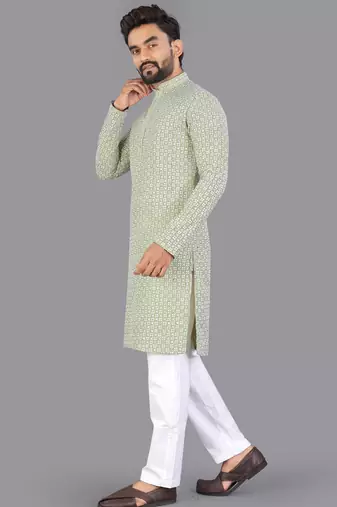 Light green rayon chikankari lucknowi schifli work kurta pajama