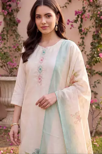 women floral embroidered regular thread work kurta with trousers & with dupatta