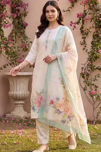 women floral embroidered regular thread work kurta with trousers & with dupatta