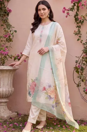women floral embroidered regular thread work kurta with trousers & with dupatta