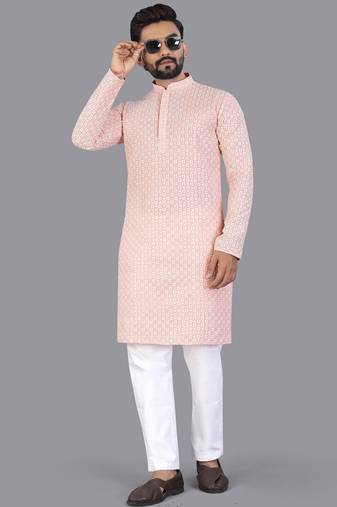 Peach rayon chikankari lucknowi schifli work kurta pajama