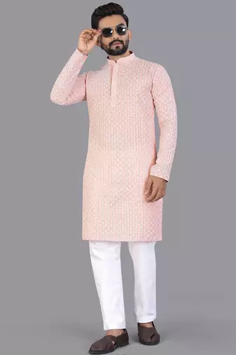 Peach rayon chikankari lucknowi schifli work kurta pajama