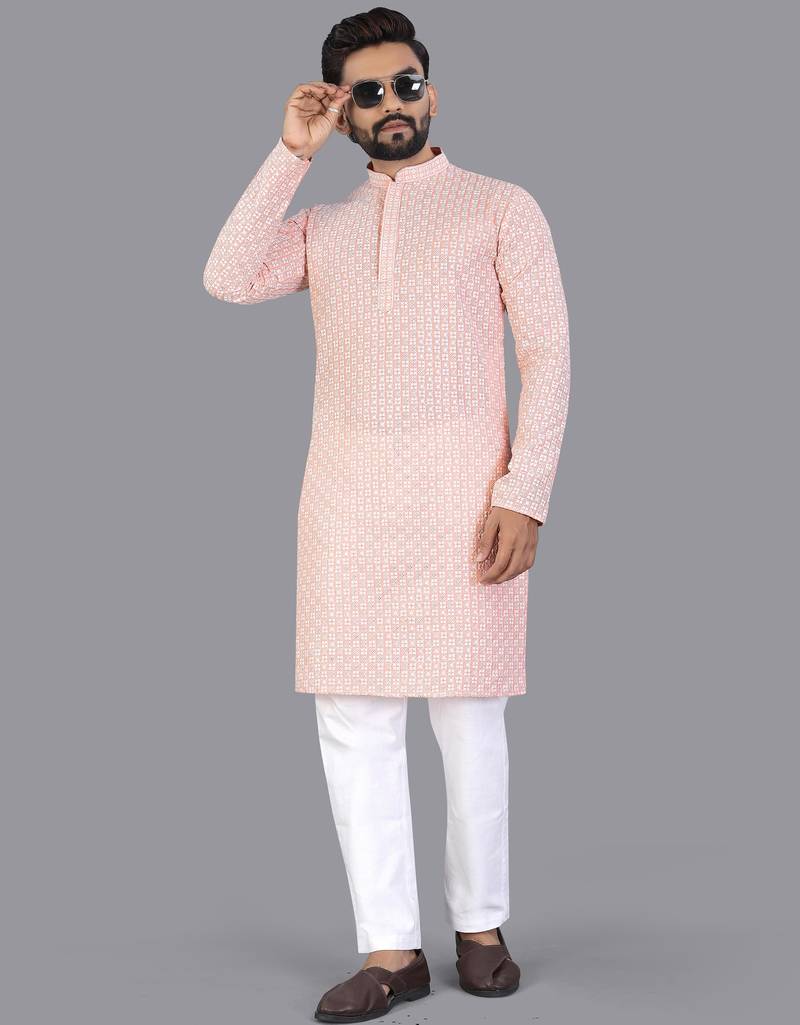 Peach rayon chikankari lucknowi schifli work kurta pajama