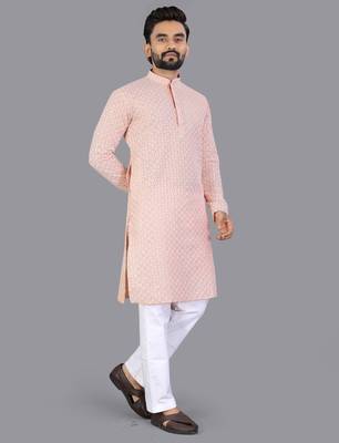 Peach rayon chikankari lucknowi schifli work kurta pajama 2
