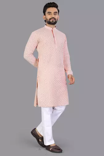 Peach rayon chikankari lucknowi schifli work kurta pajama
