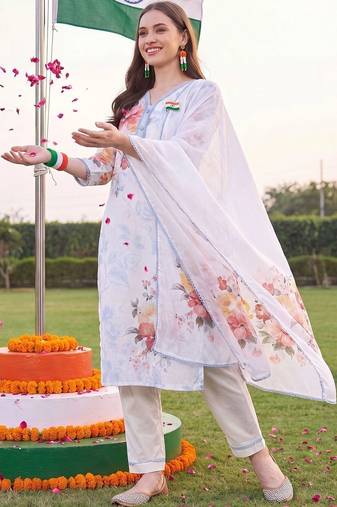 women floral printed regular linen kurta with trousers & with dupatta