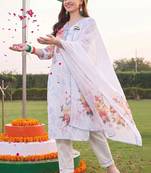 women floral printed regular linen kurta with trousers & with dupatta