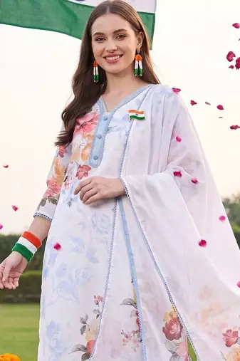 women floral printed regular linen kurta with trousers & with dupatta