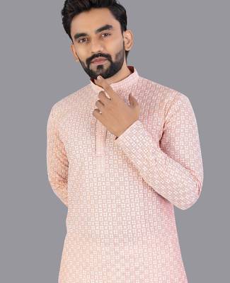Peach rayon chikankari lucknowi schifli work kurta pajama 3