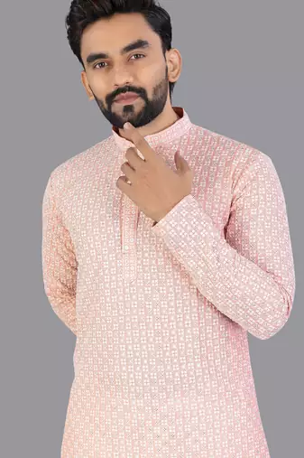 Peach rayon chikankari lucknowi schifli work kurta pajama