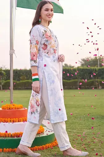 women floral printed regular linen kurta with trousers & with dupatta