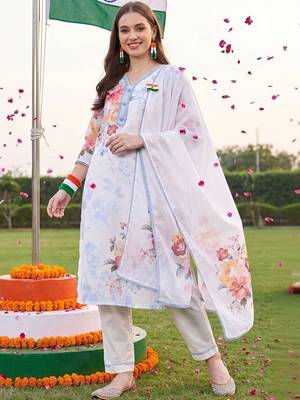women floral printed regular linen kurta with trousers & with dupatta 6
