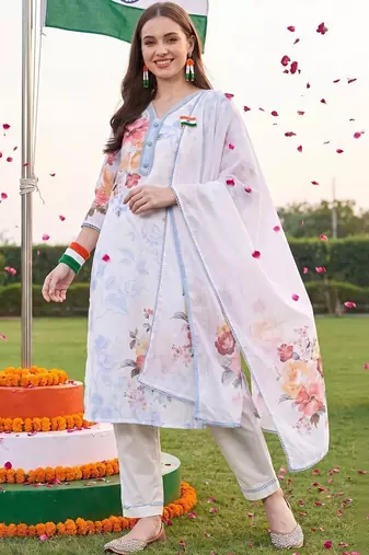 women floral printed regular linen kurta with trousers & with dupatta