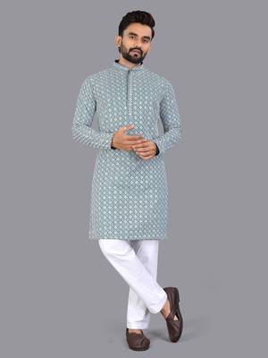 Blue rayon chikankari lucknowi schifli work kurta pajama 1