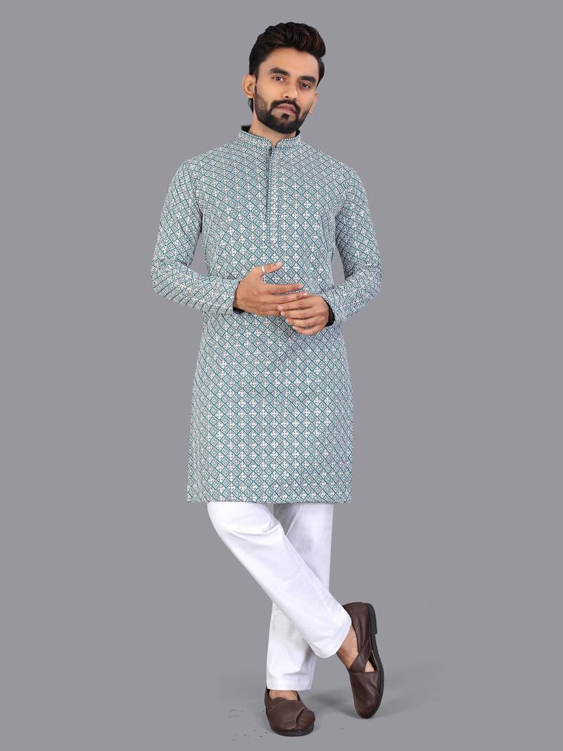 Blue rayon chikankari lucknowi schifli work kurta pajama