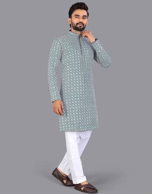 Blue rayon chikankari lucknowi schifli work kurta pajama 2