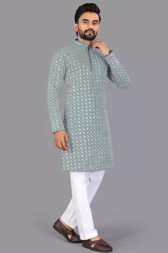 Blue rayon chikankari lucknowi schifli work kurta pajama