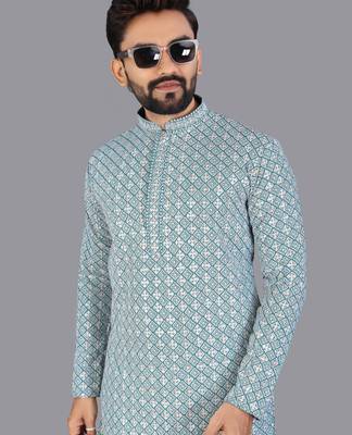 Blue rayon chikankari lucknowi schifli work kurta pajama 3